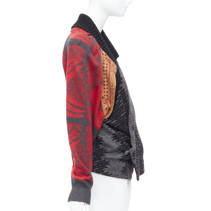 TOGA ARCHIVES red grey ethnic intarsia deconstructed cardigan JP2 M