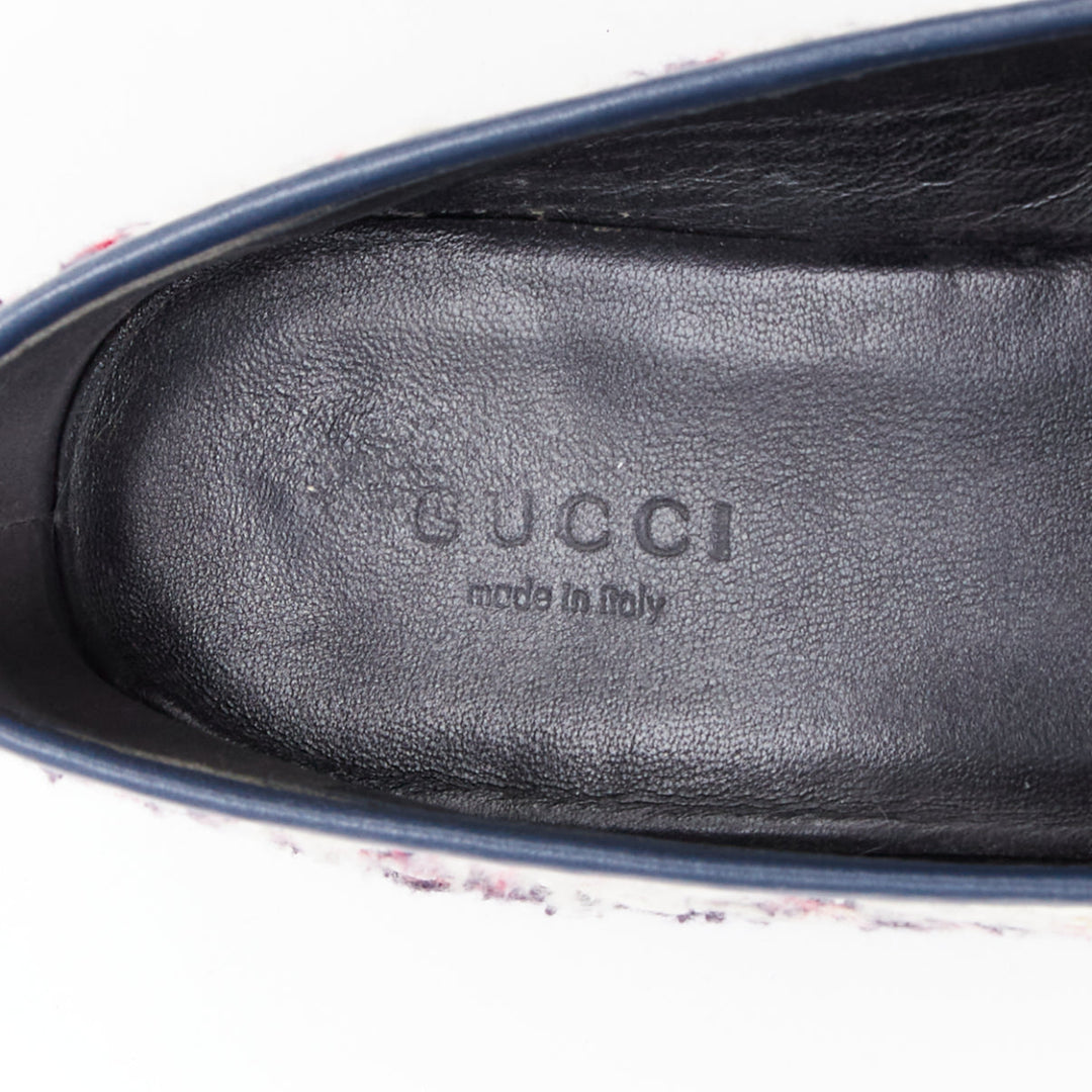 GUCCI Jordaan red blue cream tweed gold horsebit checked flat loafers EU37.5