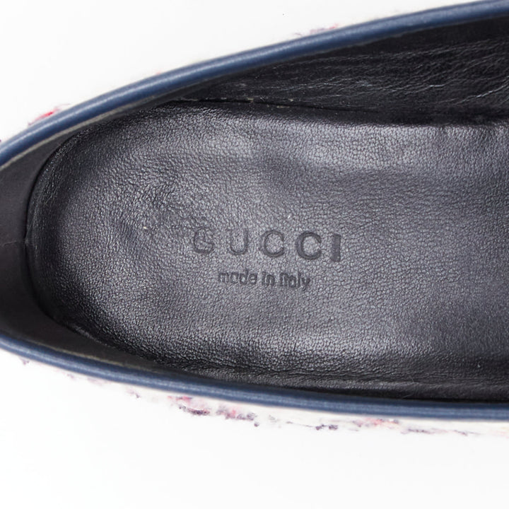 GUCCI Jordaan red blue cream tweed gold horsebit checked flat loafers EU37.5