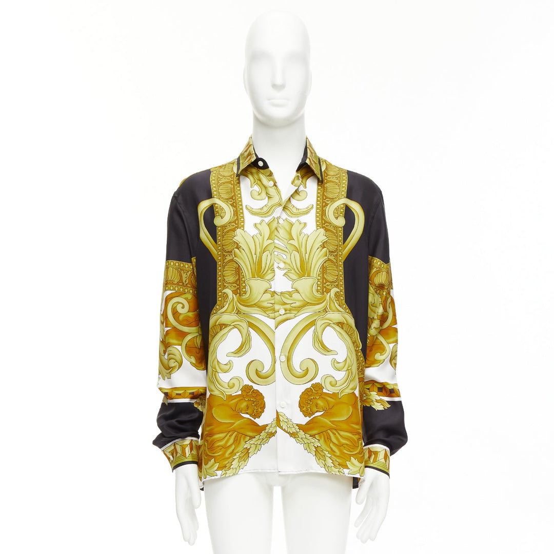 VERSACE 100% silk Renaissance Barocco gold black white print shirt IT52 XL