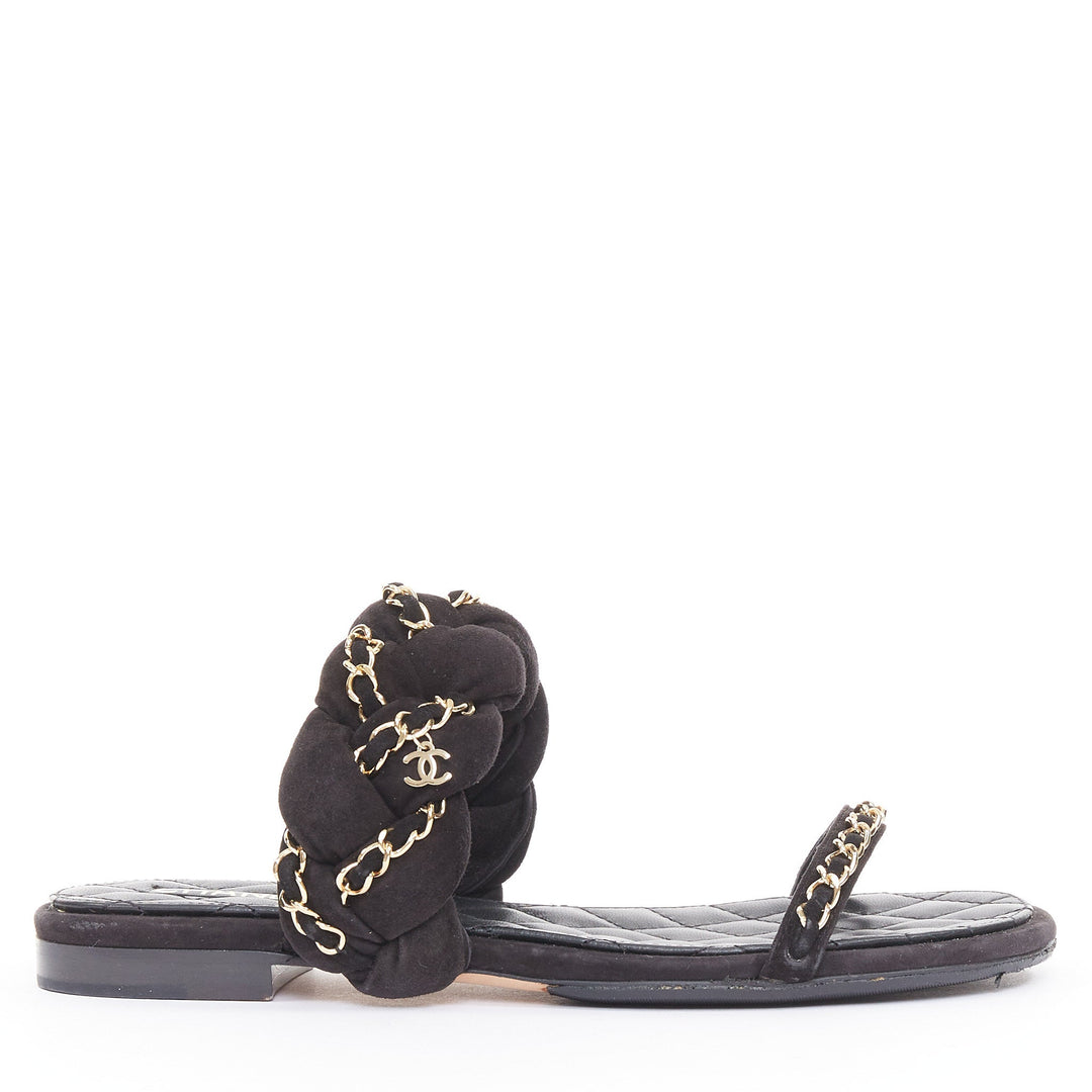 CHANEL 2017 braided suede chain CC logo open toe slip on flat sandals EU37C