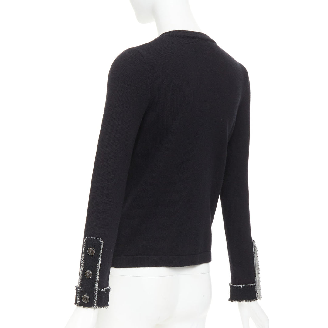 CHANEL 2011 cashmere black cashmere raw edge frayed 4 pocket cardigan FR36 S
