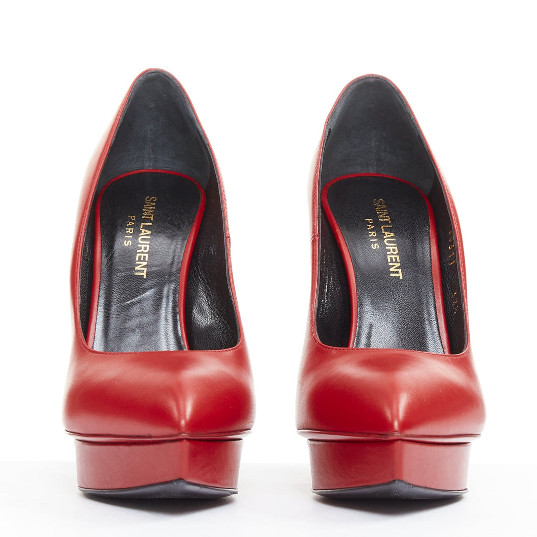 SAINT LAURENT Janis Rouge Oriente red leather studded heel platform pumps EU37.5