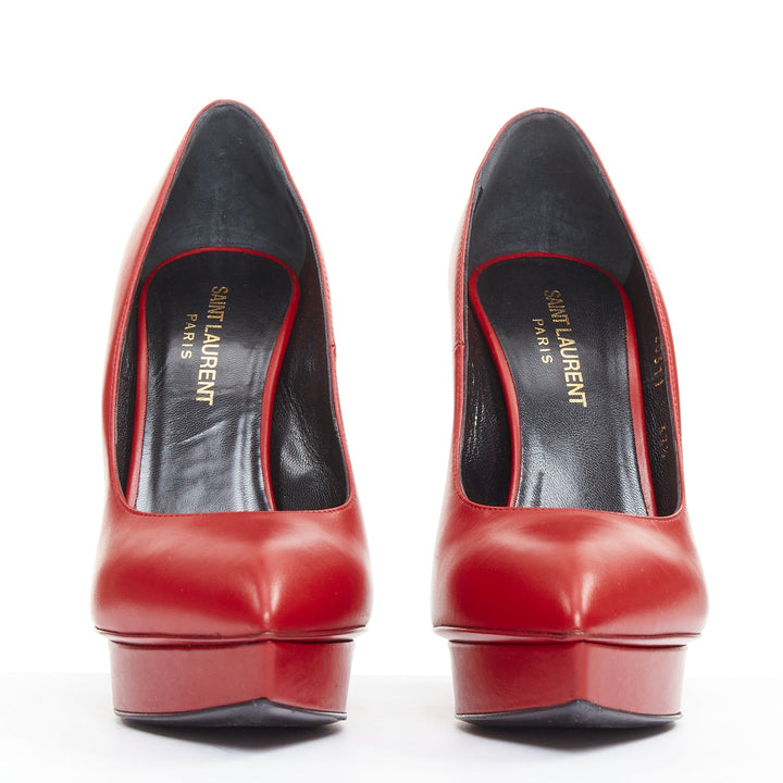 SAINT LAURENT Janis Rouge Oriente red leather studded heel platform pumps EU37.5