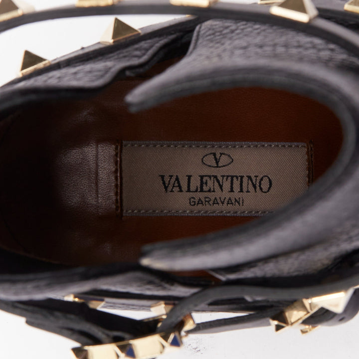 VALENTINO black textured calfskin gold buckle studded short ankle boots EU37
