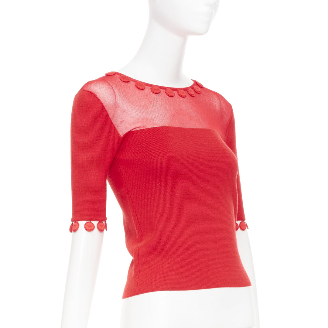 OSCAR DE LA RENTA 2019 red wool silk sheer tulle mesh yoke pom pom button top