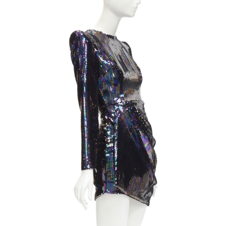 ALEX PERRY Iris petrol blue sequins shoulder padder draped mini dress UK6 S