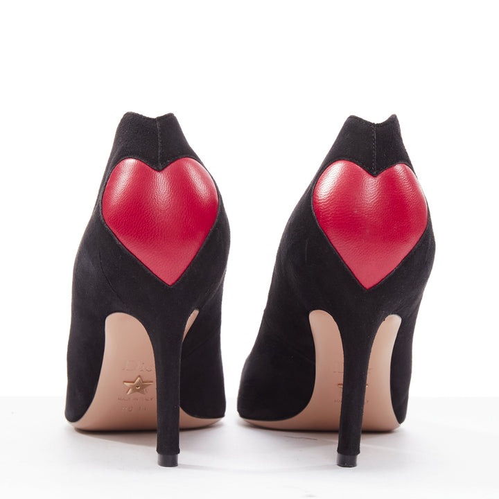 DIOR Dioramour red leather heart black suede curved heeled pumps EU38