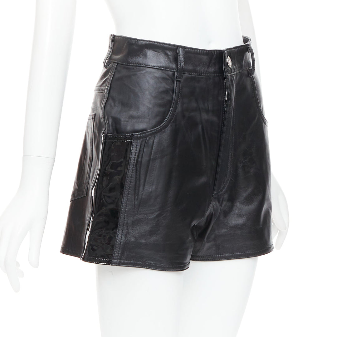 MANOKHI black genuine leather patent patch high waisted shorts FR34 XS