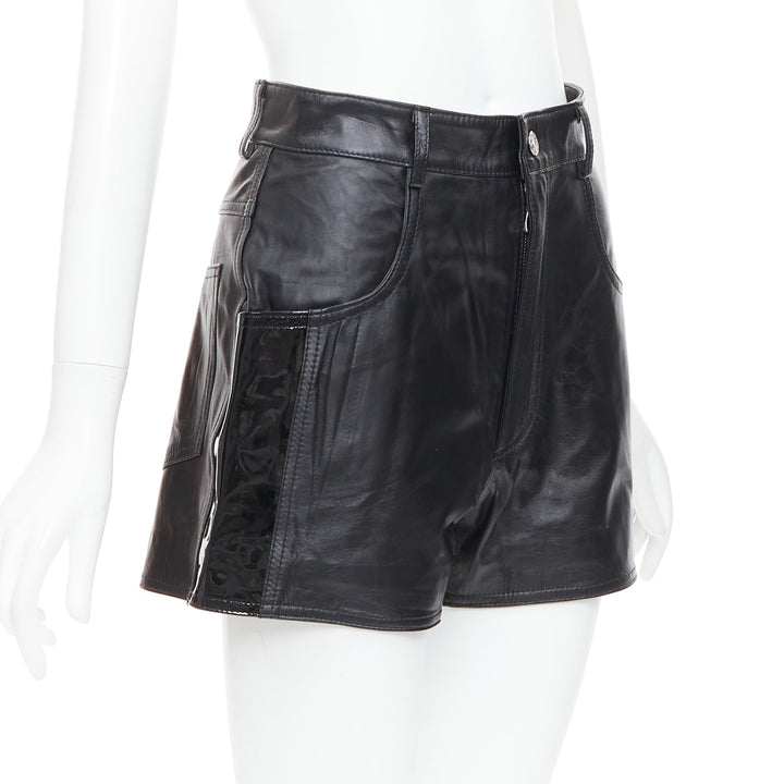 MANOKHI black genuine leather patent patch high waisted shorts FR34 XS