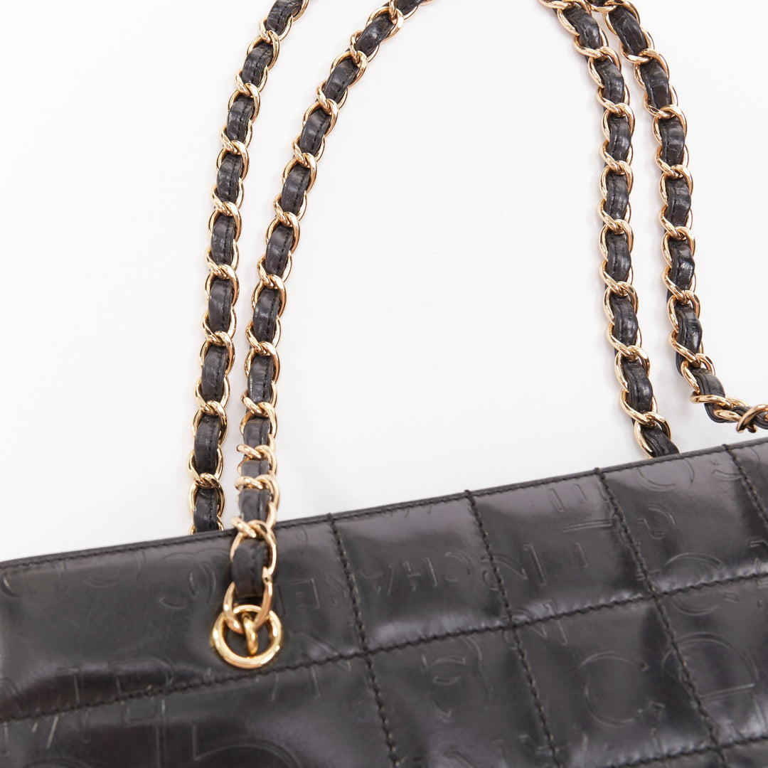 CHANEL Vintage 2002 Chocolate Bar black leather logo embossed chain tote bag