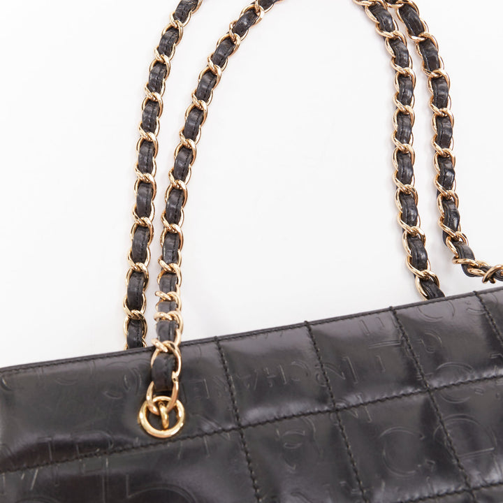 CHANEL Vintage 2002 Chocolate Bar black leather logo embossed chain tote bag