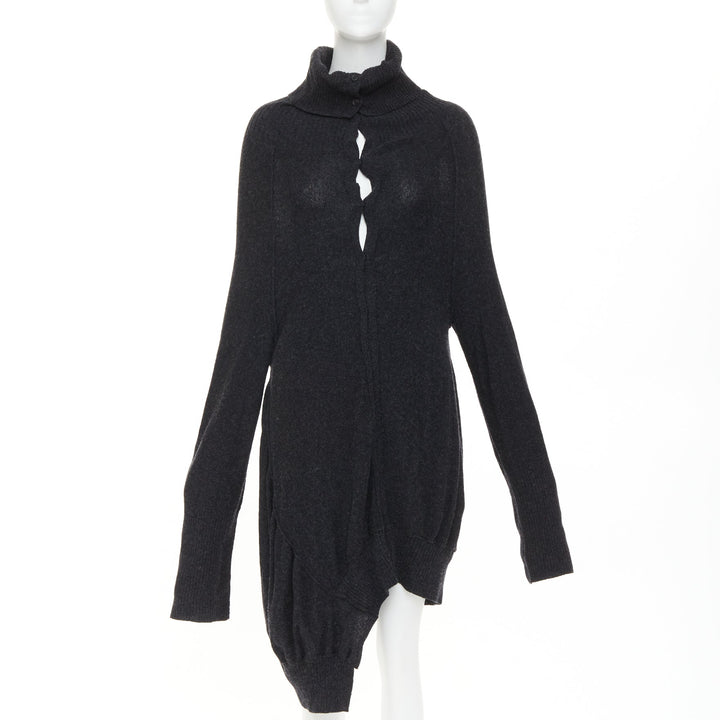 Y'S YOHJI YAMAMOTO grey wool button up asymmetric turtleneck sweater dress JP3 L