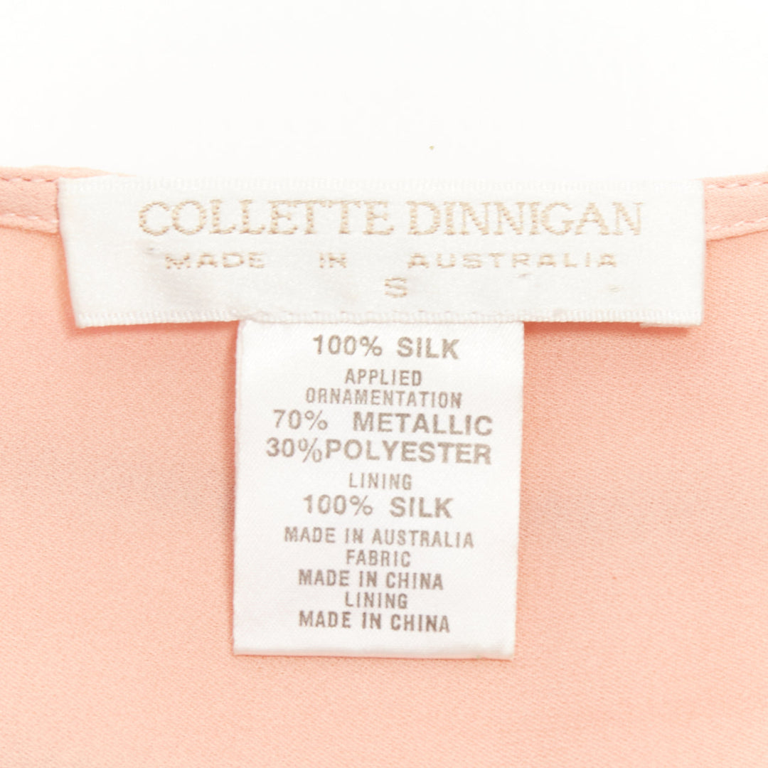 COLLETTE DINNIGAN blush pink 100% silk metallic sequin embellished lined top S