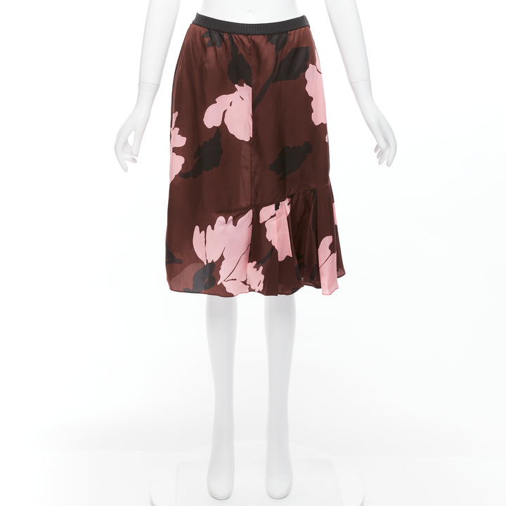 MARNI 2013 brown pink big floral print elastic waistband knee skirt IT40 S