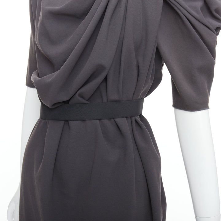 LANVIN 2009 grey asymmetric draped gathered belted dress FR34 XS