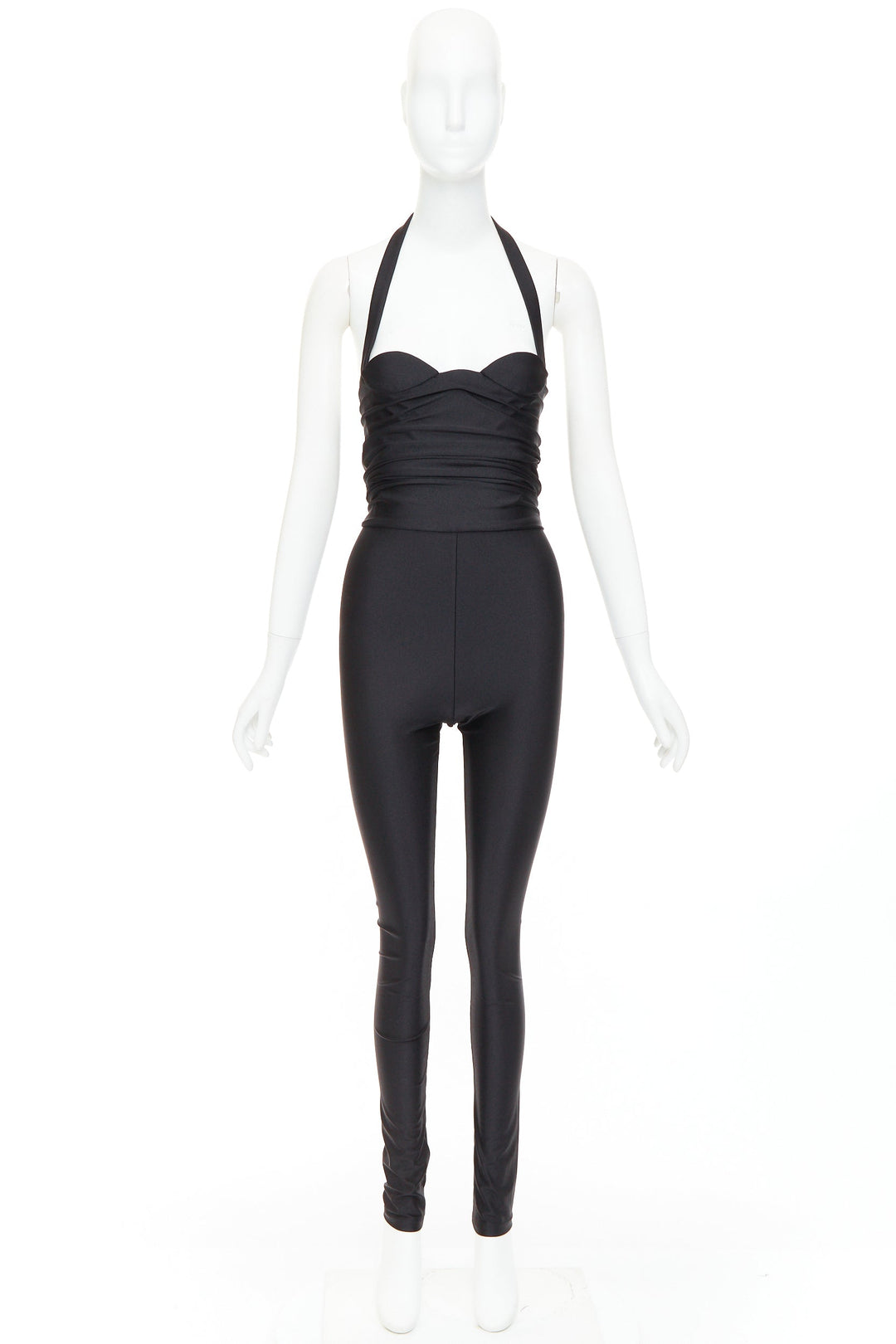 SAINT LAURENT 2022 Runway black halter sweetheart ruched catsuit bodysuit Sz 2 M