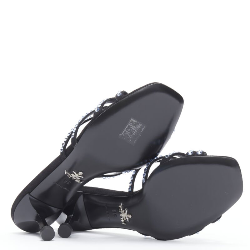 PRADA 2019 blue crystal rhinestone strappy open toe mid heel sandal EU36