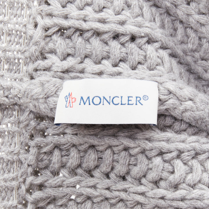 MONCLER grey fur pom pom cream logo heavy knit beanie hat