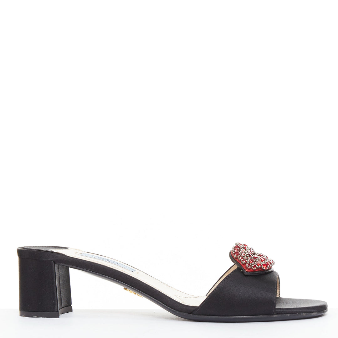 PRADA Special Edition red crystal lip black satin block heeled mules EU37.5