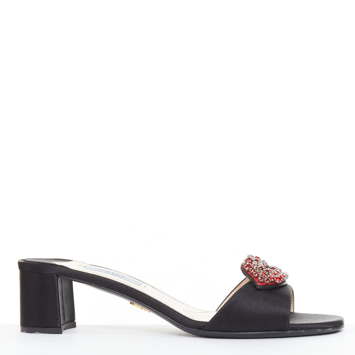 PRADA Special Edition red crystal lip black satin block heeled mules EU37.5