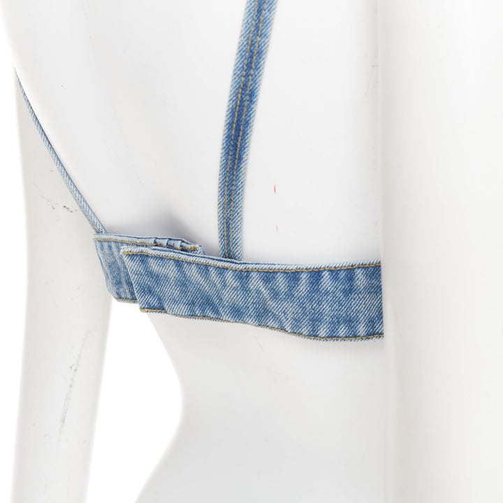 PRADA 2021 Organic Denim Bralette blue washed triangle logo plunge top IT42 M