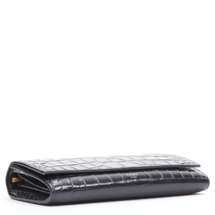 CELINE black scaled leather embossed calfskin flap front long wallet