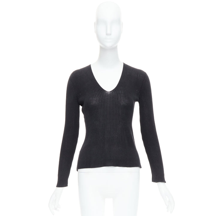 PRADA black 100% silk classic minimal ribbed Vneck long sleeve top IT42 M