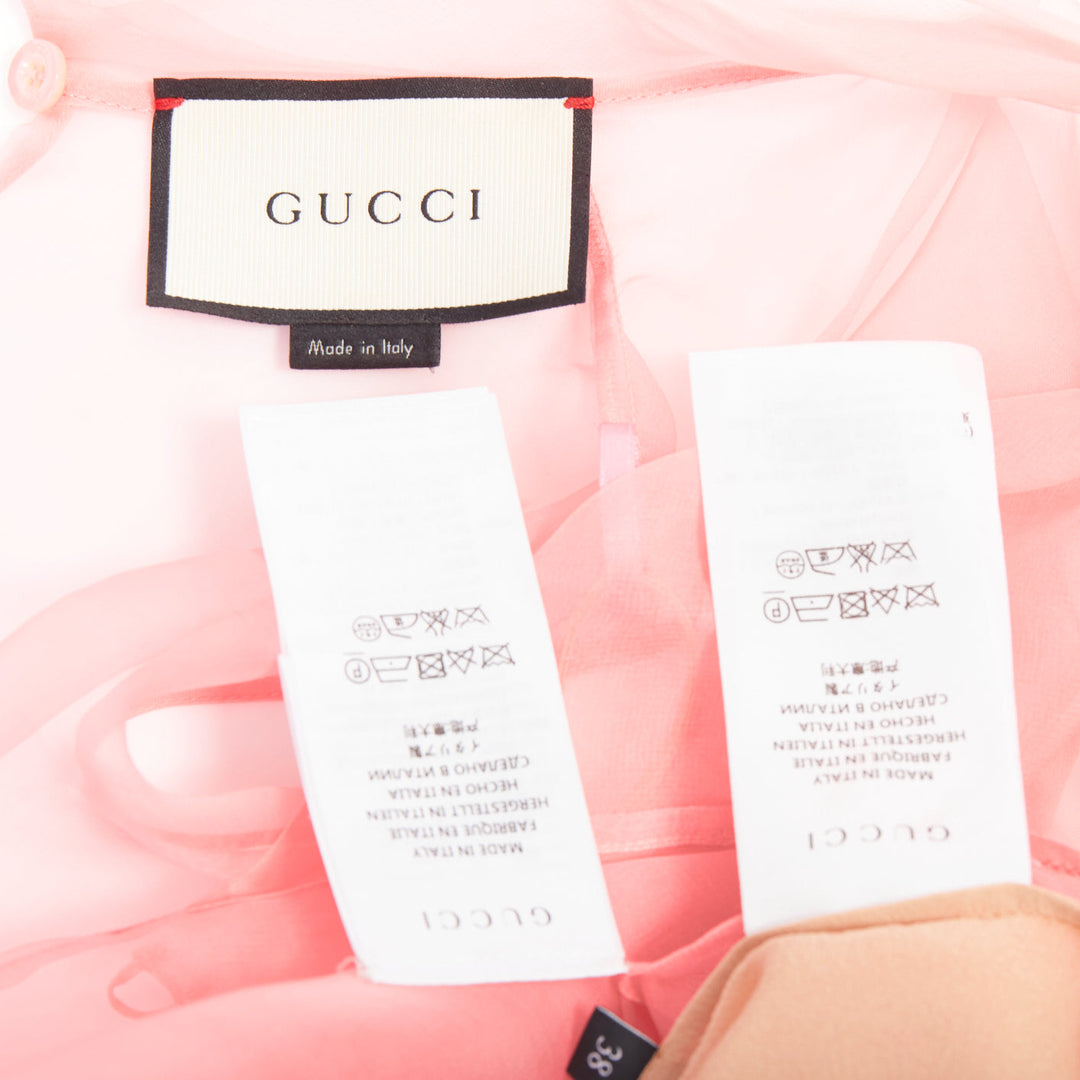 GUCCI 2015 pink silk organza sheer pussybow sleeveless blouse IT38 XS
