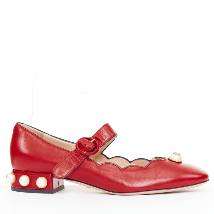 GUCCI Willow red calf leather GG pearl embellished scalloped maryjane shoes EU38