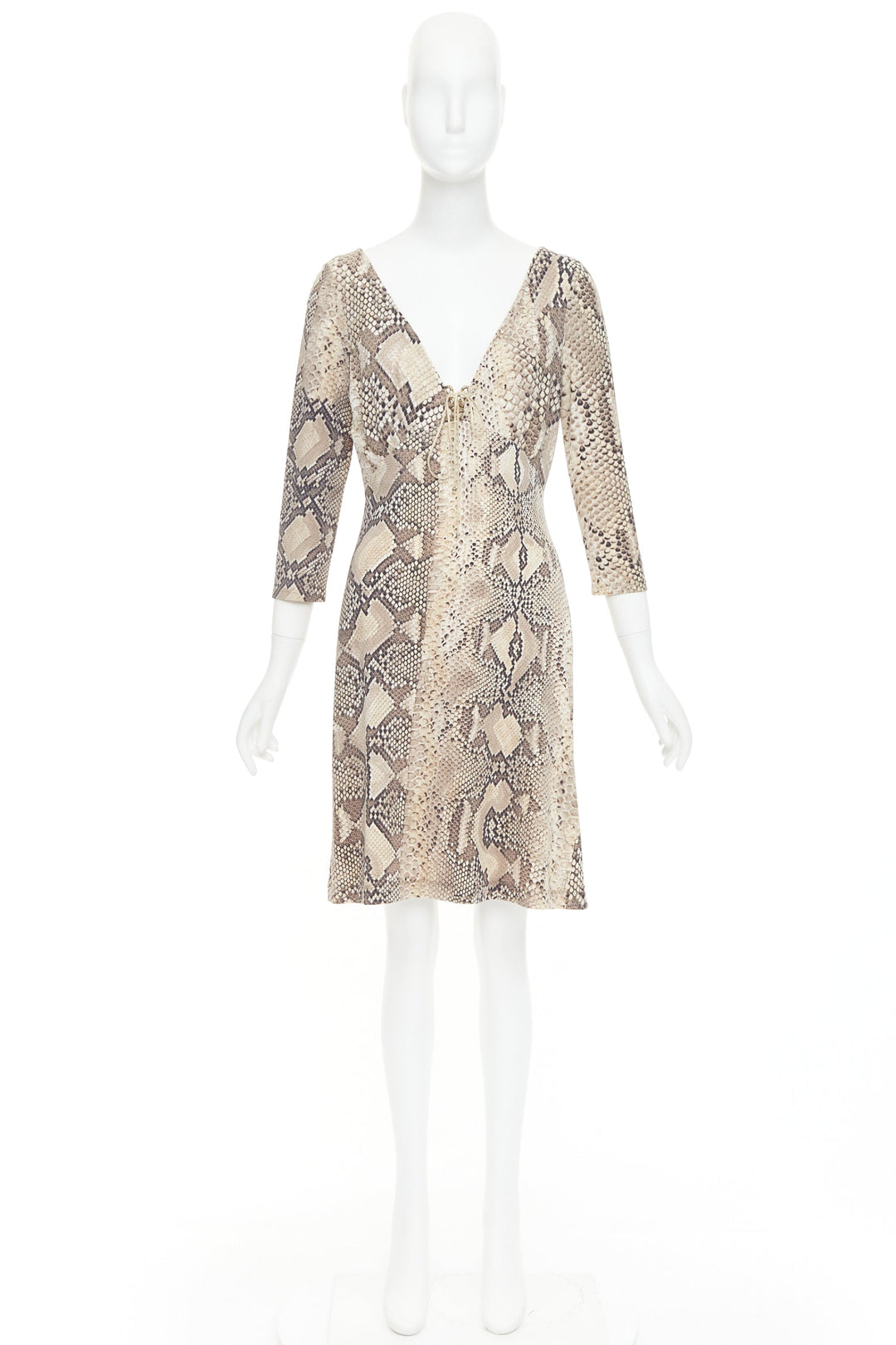 ROBERTO CAVALLI Vintage scaled leather print lace detail V neck dress IT42 M