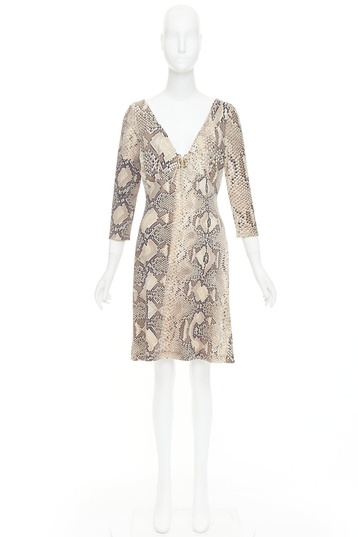 ROBERTO CAVALLI Vintage scaled leather print lace detail V neck dress IT42 M