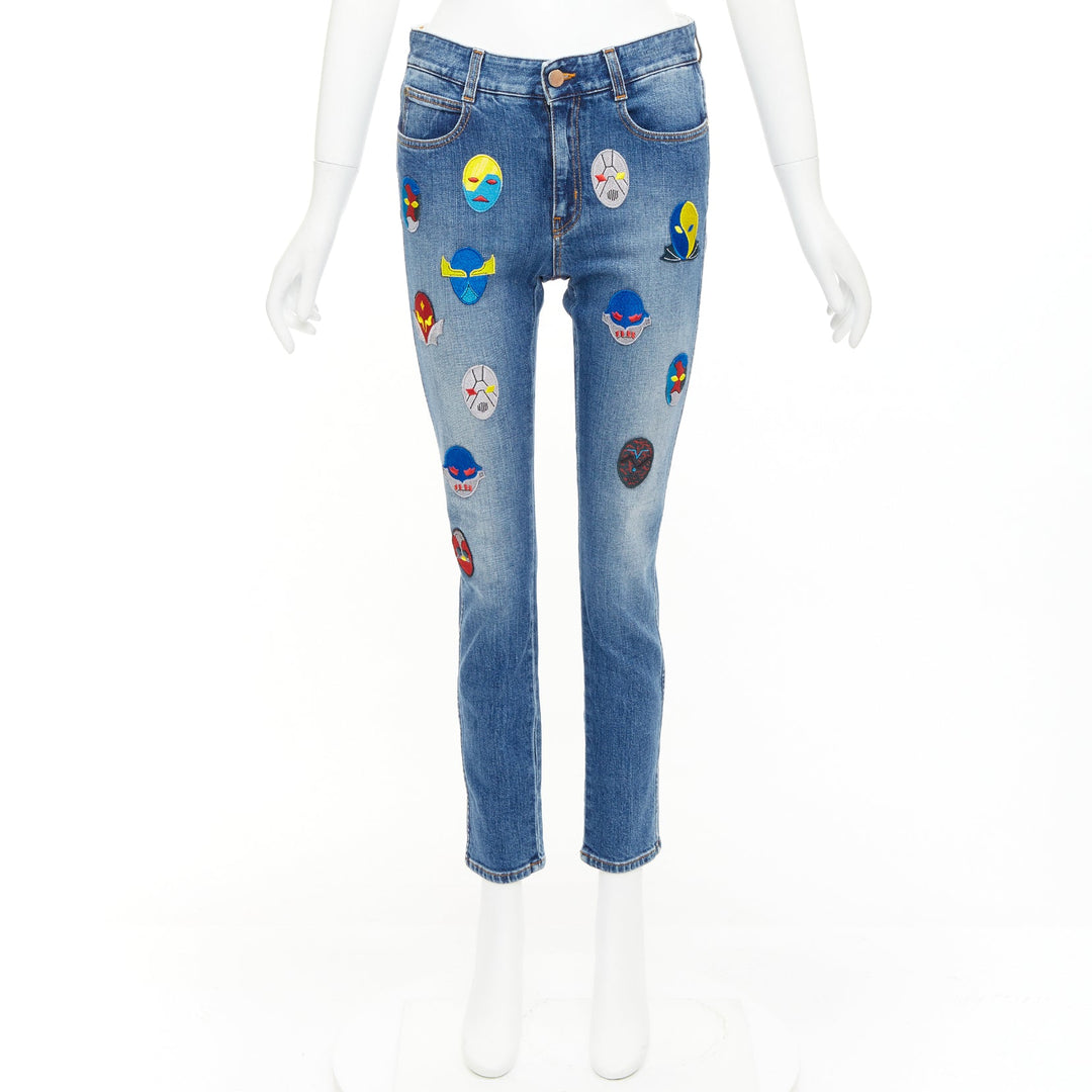 STELLA MCCARTNEY 2014 yellow blue superhero patch cropped jeans 25"