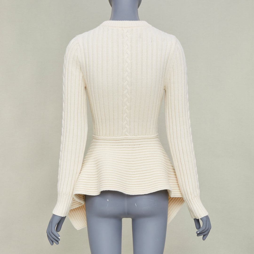 ALEXANDER MCQUEEN 2021 beige wool cashmere asymmetric drape peplum sweater S