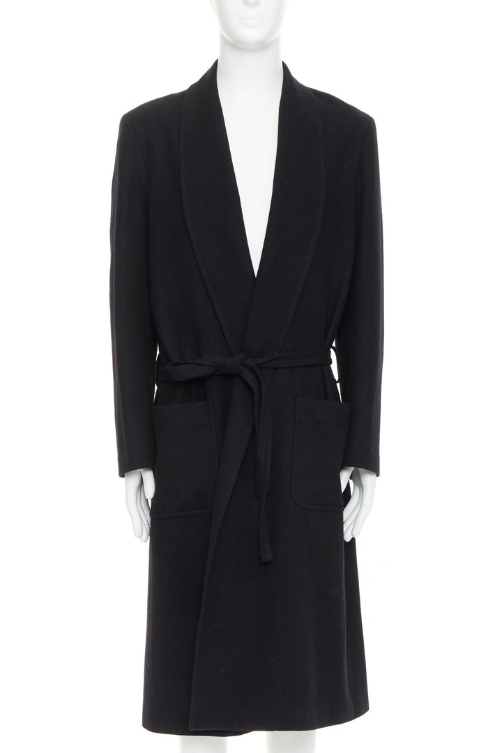 YOHJI YAMAMOTO HOMME black wool felt belted pockets lined robe coat JP2 M