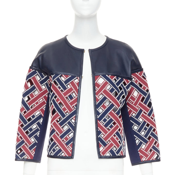 LOUIS VUITTON 2012 Runway navy red sequinned cut out woven leather jacket FR36 S