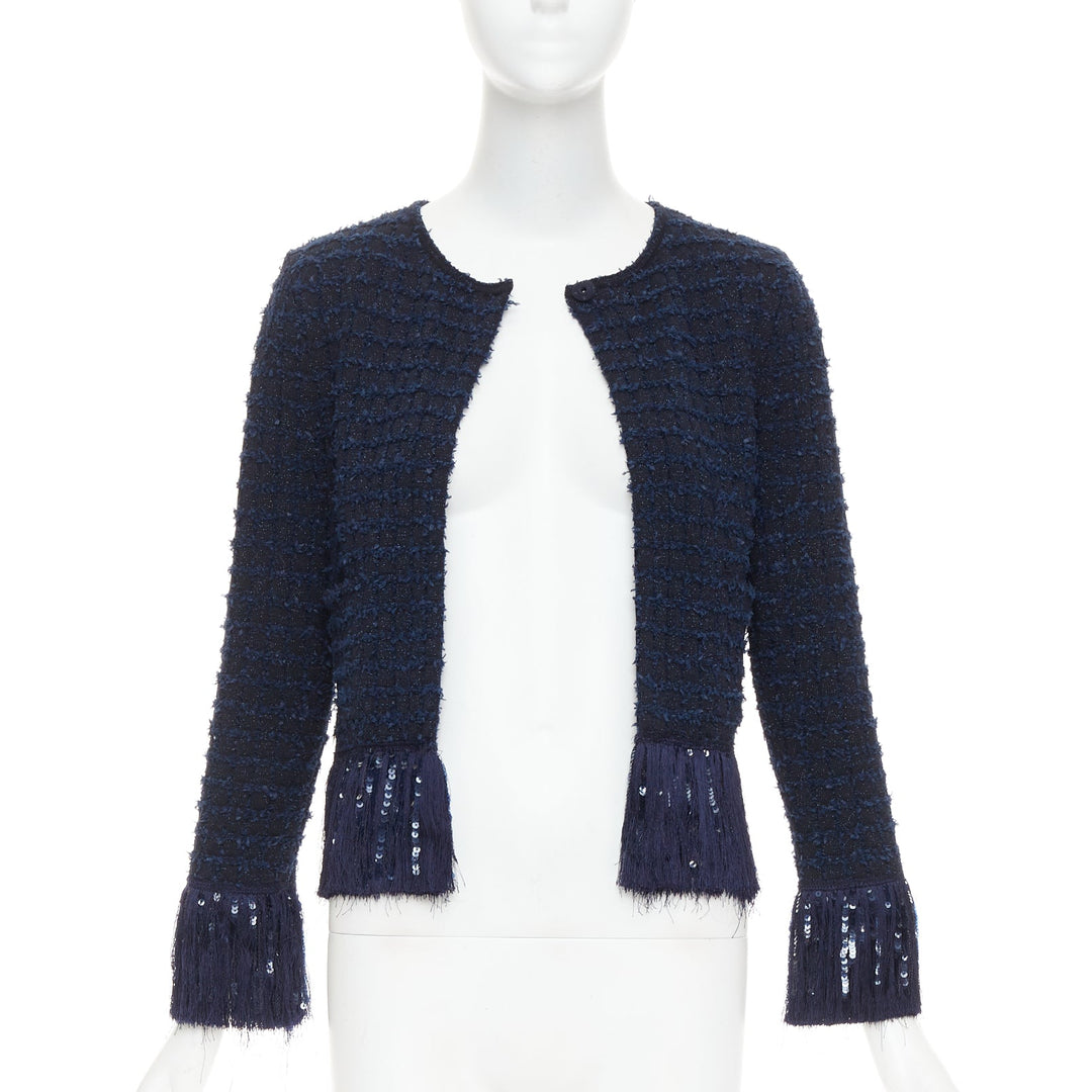OSCAR DE LA RENTA 2023 navy blue wool tweed sequin fringe hem jacket XS