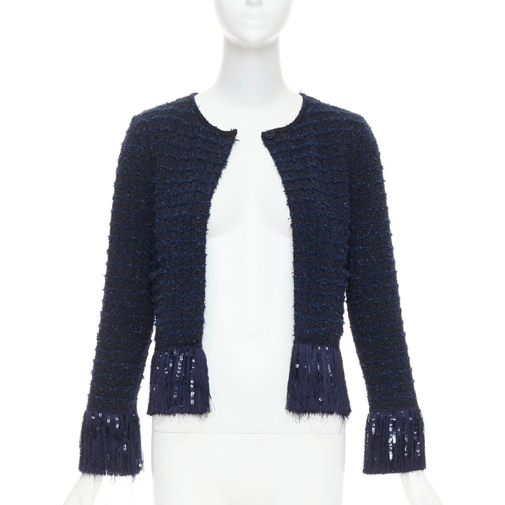 OSCAR DE LA RENTA 2023 navy blue wool tweed sequin fringe hem jacket XS