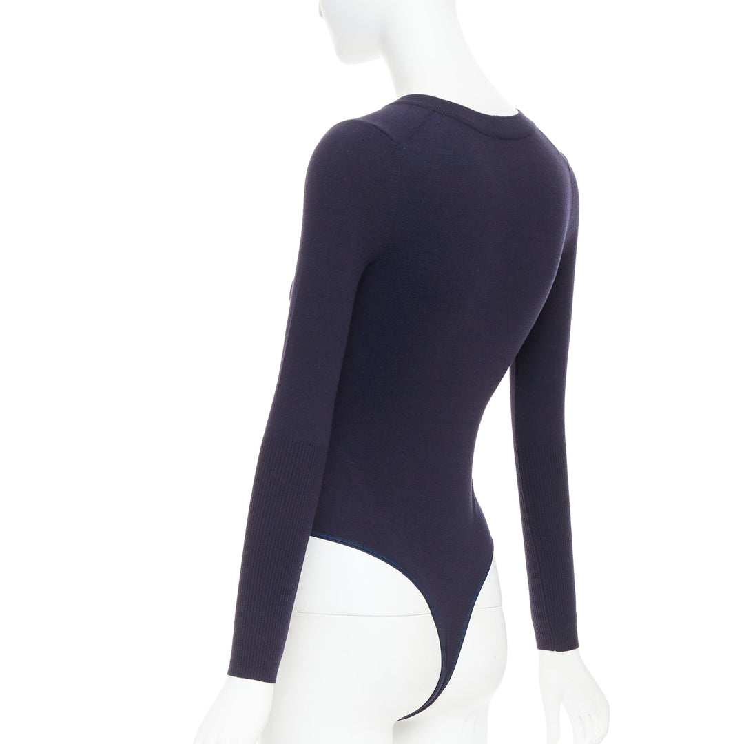 ALAIA navy virgin wool blend v-neck bodysuit sweater leotard top FR36 S