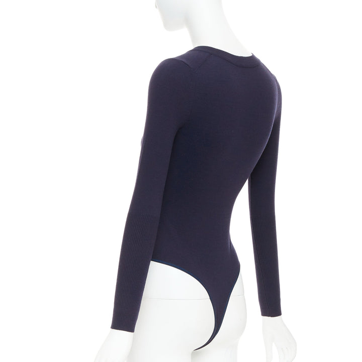 ALAIA navy virgin wool blend v-neck bodysuit sweater leotard top FR36 S