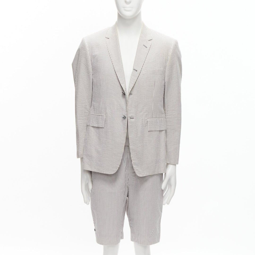THOM BROWNE grey white striped seersucker blazer jacket shorts suit Sz. 3 L