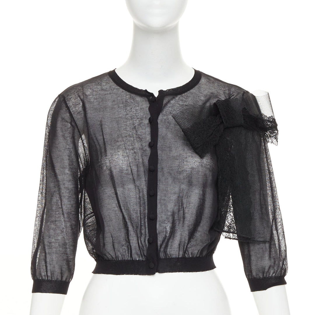 VALENTINO black cotton blend sheer knit oversized lace bow crop cardigan M