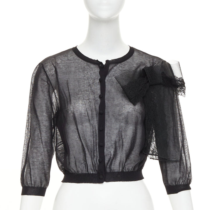 VALENTINO black cotton blend sheer knit oversized lace bow crop cardigan M