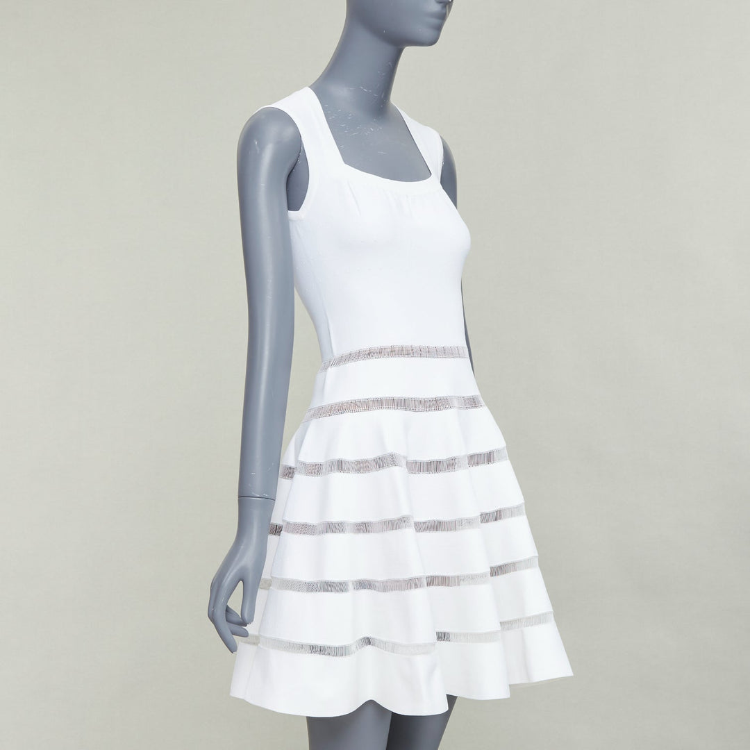 ALAIA ivory viscose blend square neck sheer lattice knit fit flare dress FR36 S