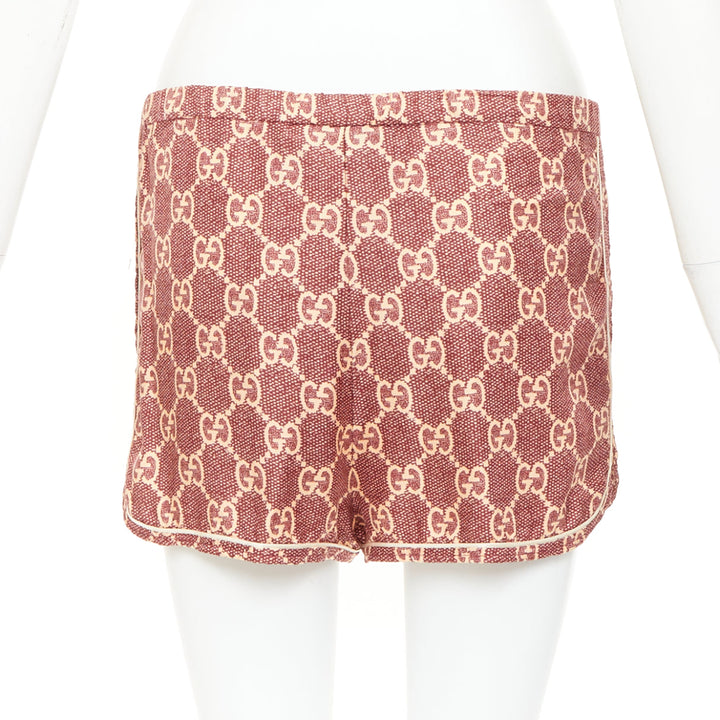 GUCCI red beige silk twill GG Supreme monogram satin trimmed pajama shorts XXS