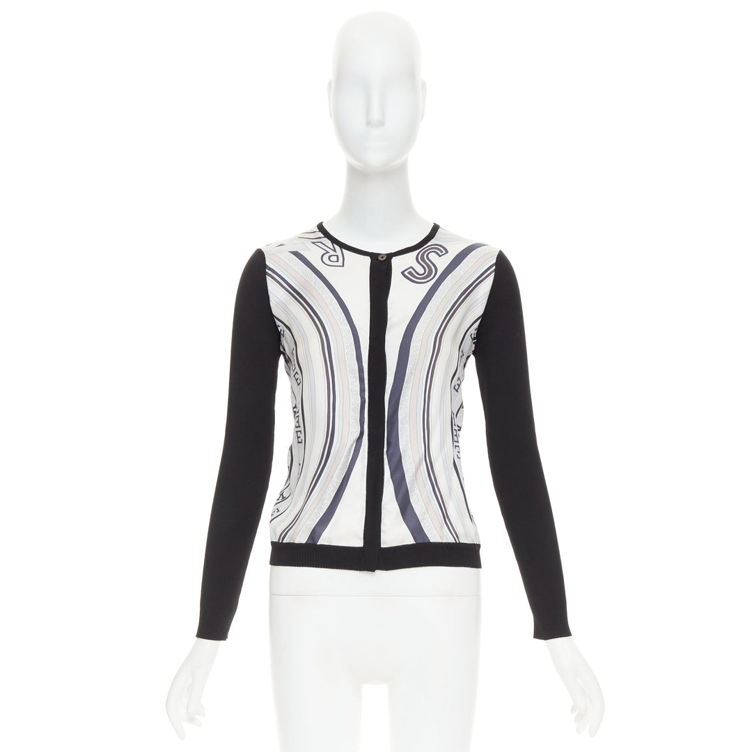 HERMES cream black 100% silk scarf panel cotton ribbed cardigan S