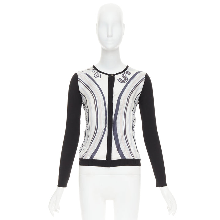 HERMES cream black 100% silk scarf panel cotton ribbed cardigan S