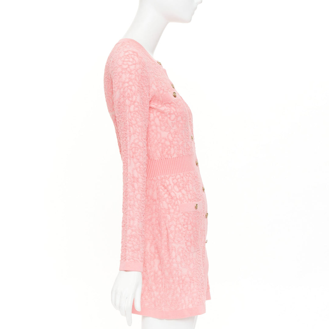 CHANEL 21C light pink embossed camelia boucle intarsia knit mini dress FR36 S