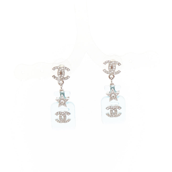 CHANEL B23S Cocomark blue acrylic perfume bottle CC logo star pin earrings Pair