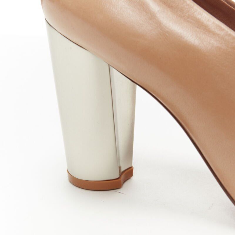 CELINE Phoebe Philo tan brown leather open toe silver metal glove heel EU37.5